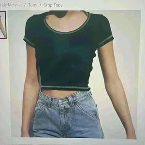 Brandy Melville Cropped Black Top with Neon Green Stitching